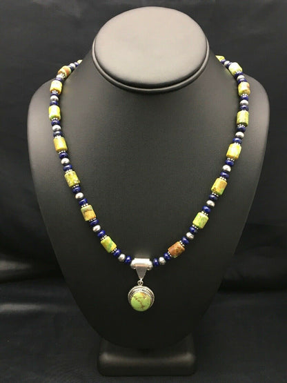 Navajo Green Turquoise and Lapis Necklace with Gaspeite Pendant | Sterling Silver | 23" | 2819