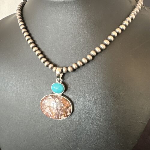 Navajo Wild Horse | Blue Kingman Turquoise Necklace | Sterling Silver | Authentic Native American Handmade | 17339