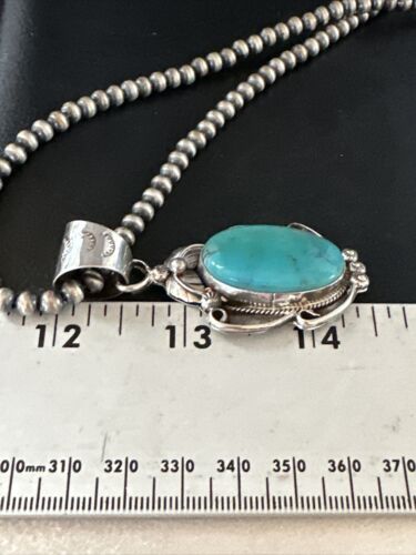Navajo Pearls Blue Turquoise Necklace Pendant | Sterling Silver | Authentic Native American Handmade | 14878