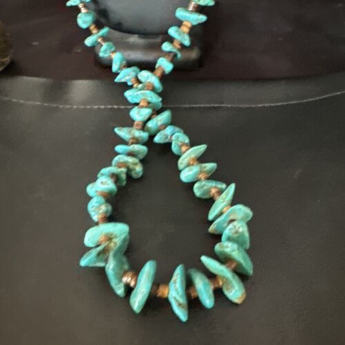 Navajo Blue Kingman Nugget Turquoise Necklace | Sterling Silver | 36" | Authentic Native American Handmade | 15286