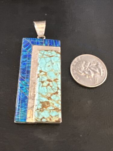 Men's Women's Blue #8 Turquoise Opal Inlay Pendant | Navajo Sterling Silver | 15198
