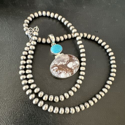 Navajo Wild Horse | Blue Kingman Turquoise Necklace | Sterling Silver | Authentic Native American Handmade | 17338