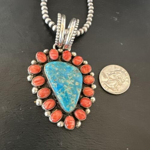 Navajo Turquoise Spiny Oyster Cluster Pendant Necklace | Sterling Silver | Native American Handmade | 17151 - Masha USA
