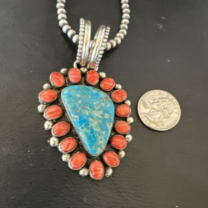 Navajo Turquoise Spiny Oyster Cluster Pendant Necklace | Sterling Silver | Native American Handmade | 17151 - Masha USA