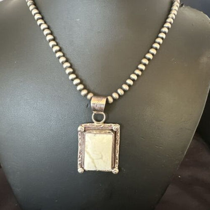 Navajo White Buffalo Turquoise Pendant | Sterling Silver Pearls Necklace | Authentic Native American Handmade | 17101