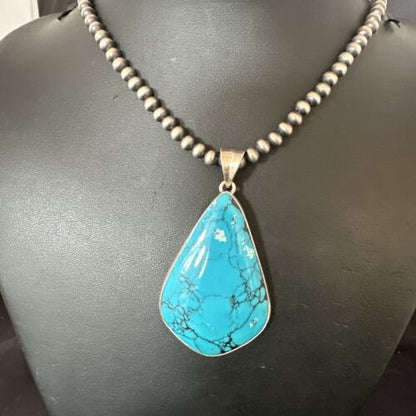 Men's Navajo Blue Spiderweb Turquoise Pendant Necklace | Sterling Silver | Authentic Native American Handmade | 16207