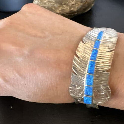 Navajo Sterling Silver Bracelet with Blue Fire Opal Inlay | 7" | Authentic Native American Handmade | 15070