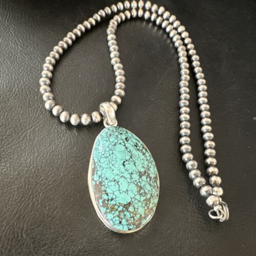 Men's Navajo Blue Spiderweb Turquoise Pendant Necklace | Sterling Silver | Authentic Native American Handmade | 16194