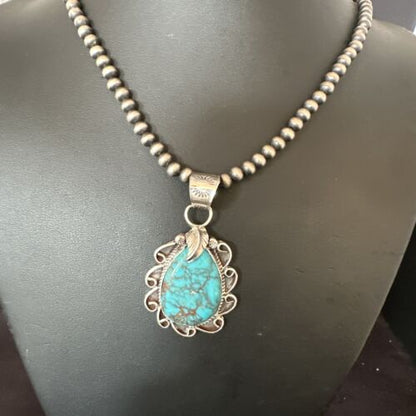 Men's Blue Kingman Turquoise Pendant Necklace | Navajo Pearls | Sterling Silver | 16017