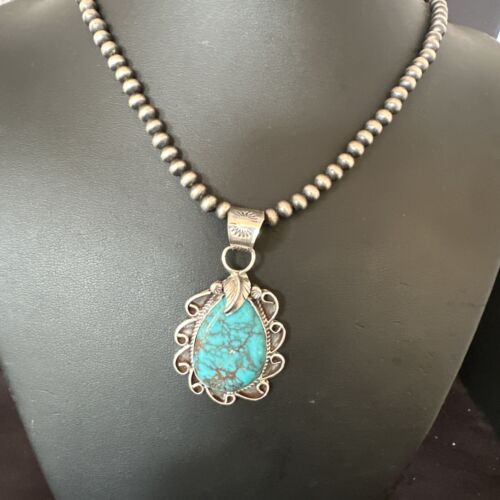 Men's Blue Kingman Turquoise Pendant Necklace | Navajo Pearls | Sterling Silver | 16017