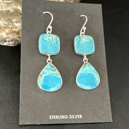 Navajo Blue Kingman Turquoise Dangle Earrings | Sterling Silver | Authentic Native American Handmade | 15105