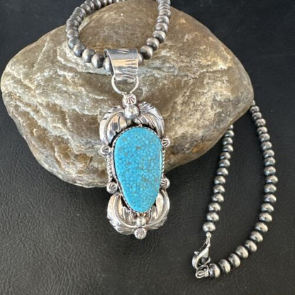 Navajo Kingman Turquoise Pendant Necklace | Sterling Silver Pearls | Authentic Native American Handmade | 15217