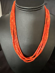 Orange Coral Tube Heishi Bead Necklace | 5 Strand Navajo Sterling Silver | 18" | 15280