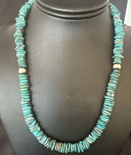 Navajo Blue Turquoise Bead Necklace | Sterling Silver | Graduated |  8mm | Authentic Native American | 19" | 17582