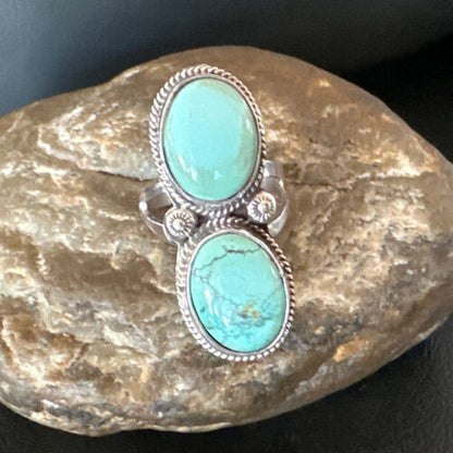 Navajo Blue Dry Creek Turquoise 2 Stone Ring | Authentic Native American Sterling Silver | Multi-Stone | Sz 10 | 16739 - Masha USA