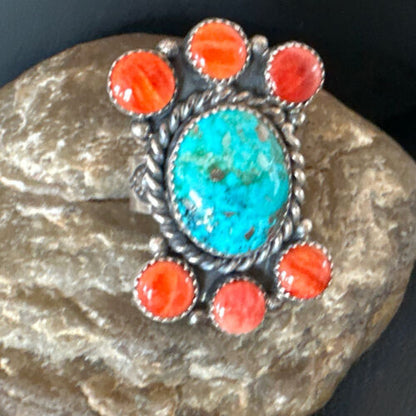 Navajo Turquoise & Spiny Oyster Cluster Ring | Authentic Native American Sterling Silver | Multi-Stone | Sz 8 | 16330