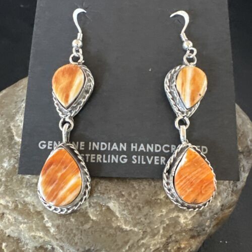 Navajo Orange Spiny Oyster Dangle Earrings | Sterling Silver | 1.5" | Authentic Native American Handmade | 16564