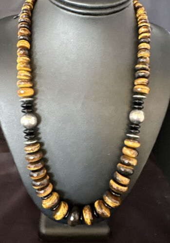 Navajo Coffee Tiger's Eye & Black Onyx Necklace | Sterling Silver Navajo Pearls | 22" | Authentic Native American | 15228