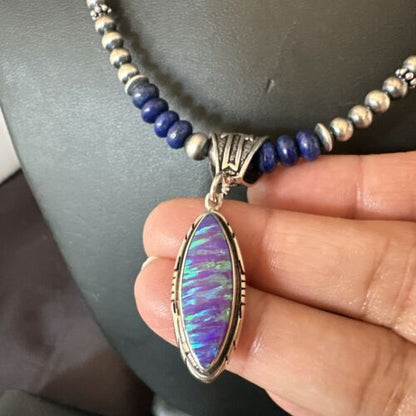 Navajo Lapis Purple Opal Pendant Necklace | Sterling Silver | 20" | Authentic Native American Handmade | 17551