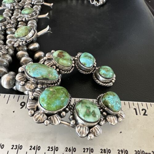 Navajo Green Sonoran Gold Turquoise Squash Blossom Necklace Pendant | Sterling Silver | Native American Handmade | 16546