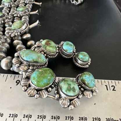 Navajo Green Sonoran Gold Turquoise Squash Blossom Necklace Pendant | Sterling Silver | Native American Handmade | 16546