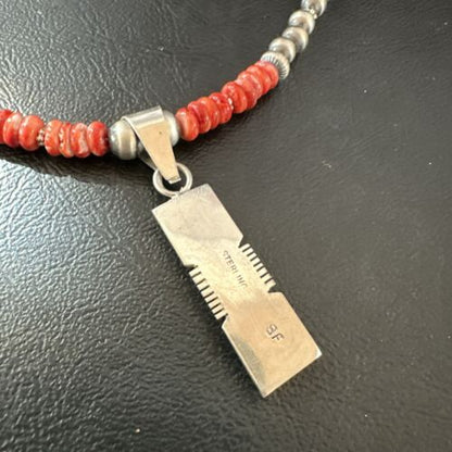 Navajo Pearls Sterling Silver Necklace with Lapis and Red Spiny Oyster Inlay Pendant | 17119