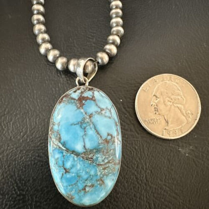 Navajo Blue Spiderweb Turquoise Pendant Necklace | Sterling Silver | Authentic Native American Handmade | 17020