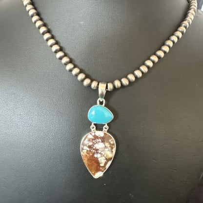 Navajo Wild Horse Blue Kingman Turquoise Necklace | Sterling Silver | Multi-Stone Pendant | 17315