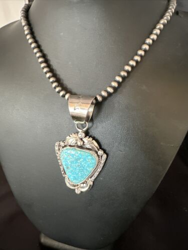 Navajo Kingman Turquoise Pendant Necklace | Sterling Silver Pearls | Authentic Native American Handmade | 15218