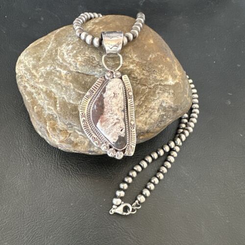 White Buffalo Turquoise Pendant | Navajo Pearls | Sterling Silver Necklace 21" | 17106