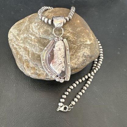White Buffalo Turquoise Pendant | Navajo Pearls | Sterling Silver Necklace 21" | 17106