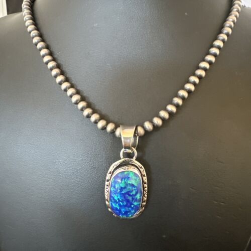 Men's Women's Blue Fire Opal Pendant | Navajo Sterling Silver | Authentic Native American Handmade | 16483