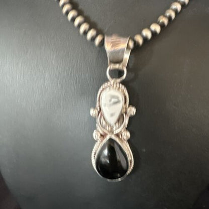Women's White Buffalo Turquoise Onyx Necklace Pendant | Sterling Silver | Multi-Stone | 15314