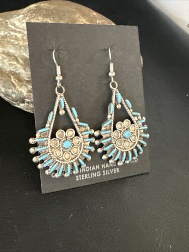 Zuni Kingman Turquoise Needle Point Dangle Earrings | Sterling Silver | Authentic Native American Handmade | 14876