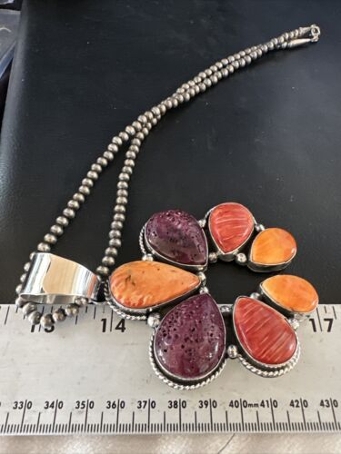 Navajo Purple Red Spiny Oyster Necklace with Naja Pendant | Sterling Silver | Native American Handmade | 14845