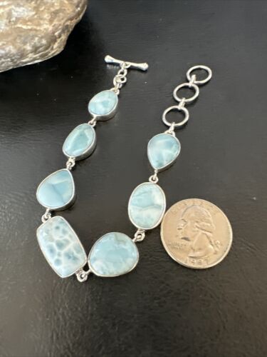 Navajo Blue Larimar Bracelet | Sterling Silver 7 Link | 8" | Authentic Native American Handmade | 16086
