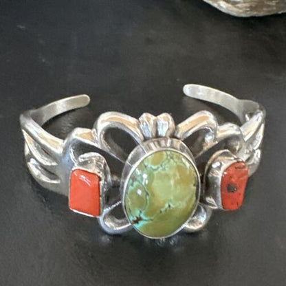 Royston Turquoise Coral Cuff Bracelet | Navajo Tufa Cast | Sterling Silver | Authentic Native American Handmade | 16778