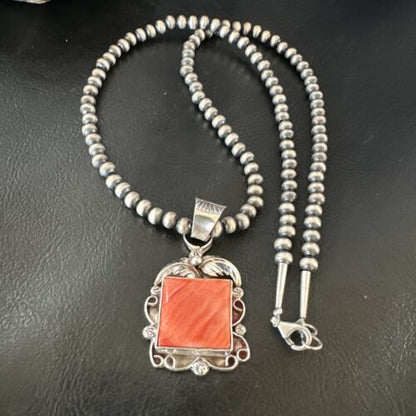 Navajo Red Spiny Oyster Pendant Necklace | Sterling Silver | Authentic Native American Handmade | 16143