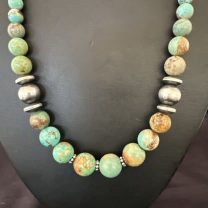 Navajo Green Turquoise Bead Necklace | Sterling Silver | Graduated | 20" | Authentic Native American | 17433