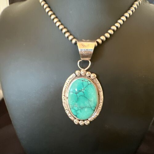Men's Blue Spiderweb Turquoise Pendant Necklace | Navajo Sterling Silver | Authentic Native American Handmade | 17124