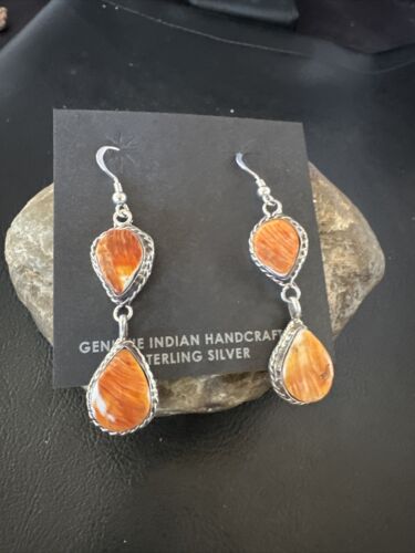 Navajo Orange Spiny Oyster Dangle Earrings | Sterling Silver | 1.5" | Authentic Native American Handmade | 16573