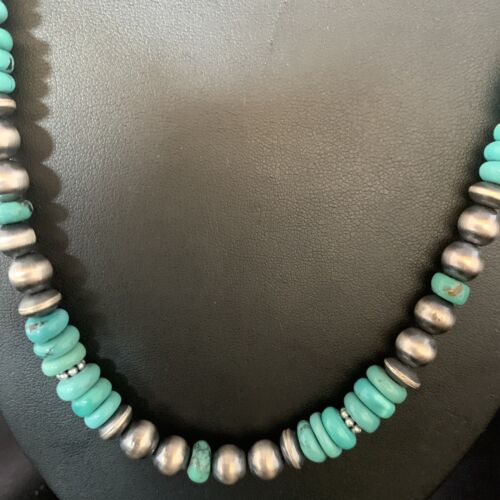 Navajo Pearls Blue Turquoise Necklace | Sterling Silver | Men's Women's | Authentic Native American Handmade | 20" | 13416