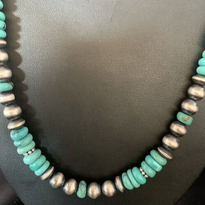 Navajo Pearls Blue Turquoise Necklace | Sterling Silver | Men's Women's | Authentic Native American Handmade | 20" | 13416