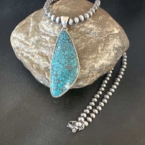 Men's Navajo Blue Spiderweb Turquoise Pendant Necklace | Sterling Silver | Authentic Native American Handmade | 16221