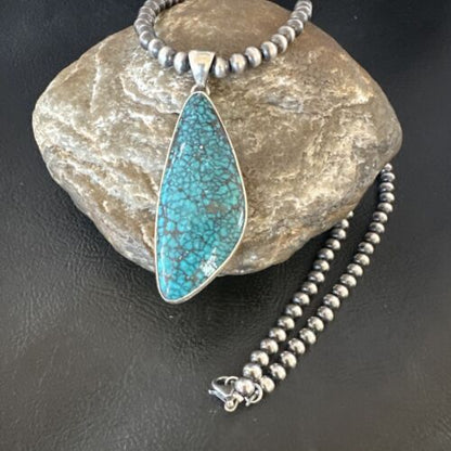 Men's Navajo Blue Spiderweb Turquoise Pendant Necklace | Sterling Silver | Authentic Native American Handmade | 16221