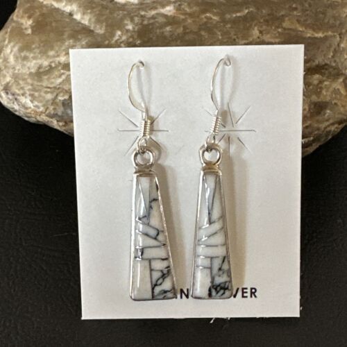 White Buffalo Turquoise Inlay Earrings | Navajo Sterling Silver | Authentic Native American Handmade | 15702