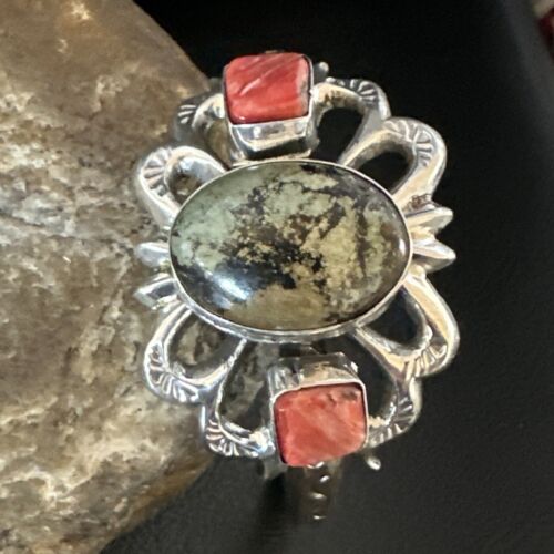 Navajo Green Turquoise & Coral Tufa Cast Cuff Bracelet | Sterling Silver | Authentic Native American Handmade | 16777