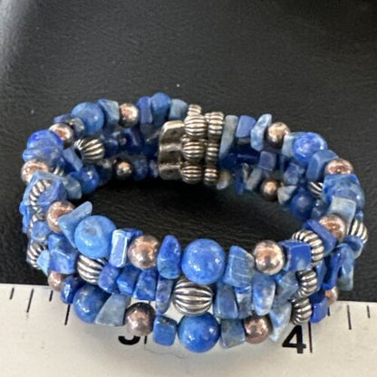 Navajo Lapis Silver Stainless Steel Memory Wire Bracelet | 6mm Beads | 6" | 17616