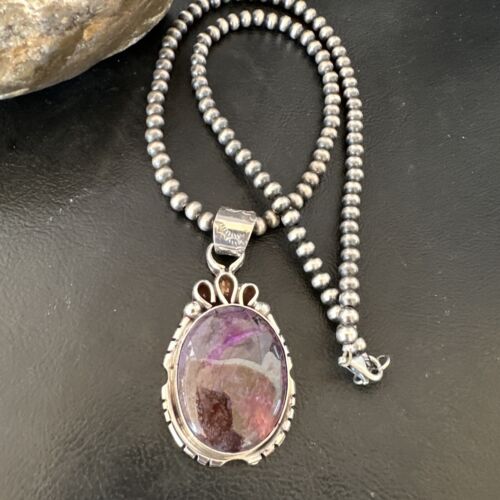 Navajo Pearls Purple Sugilite Pendant Necklace | Sterling Silver Beads | Authentic Native American Handmade | 16461