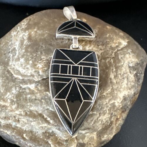 Navajo Sterling Silver Pendant with Black Onyx Inlay | Authentic Native American Handmade | 2.75"